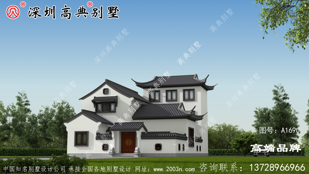 中式一款徽派风格三层农村自建房设计图，均带有古典韵味，很中国风